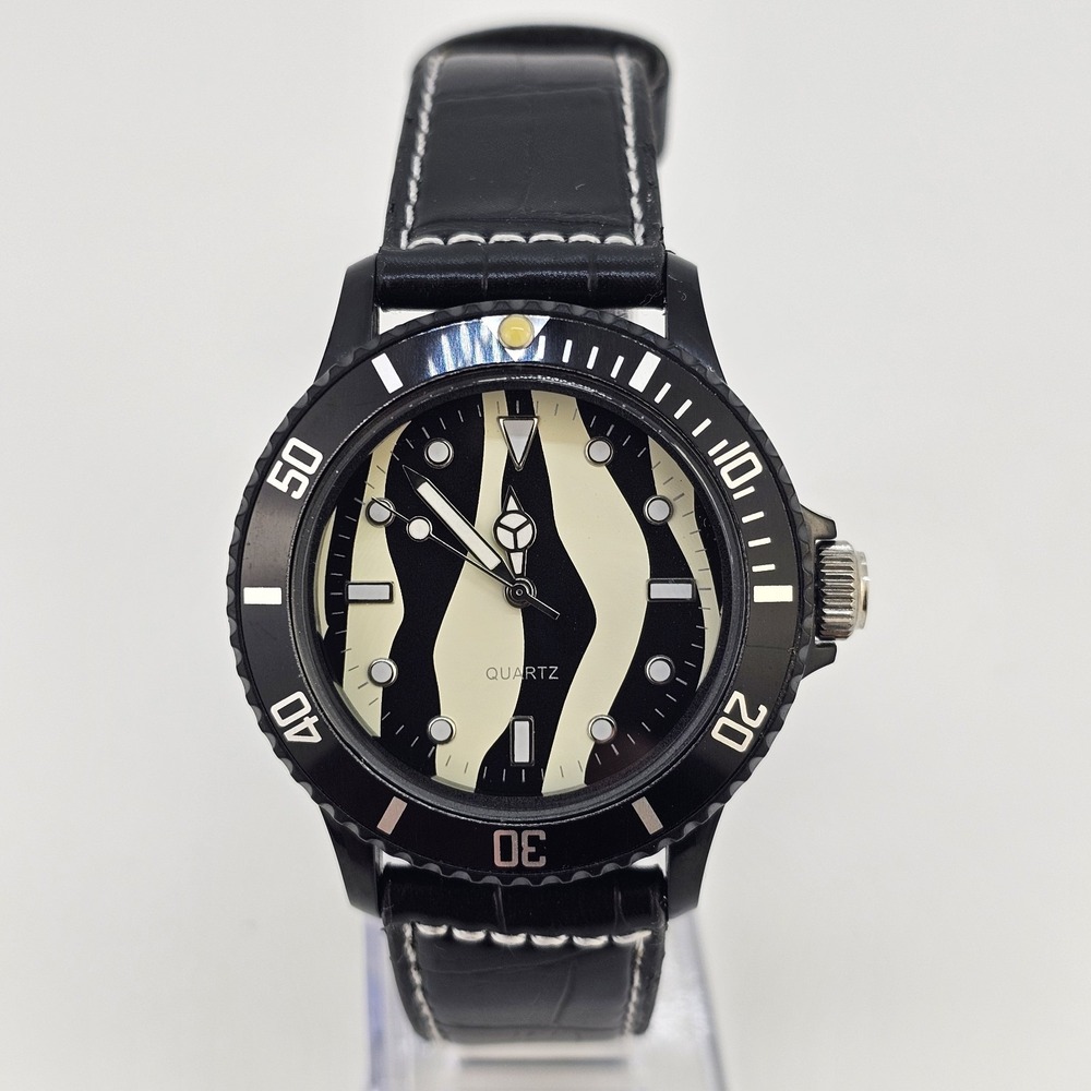 40MM Women's Watch Zebra Dial Black Case Black Leather Bands New Battery